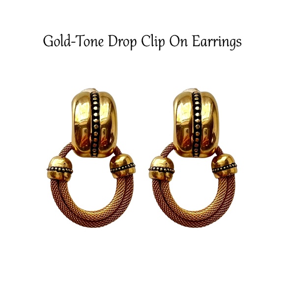 Gold Tone Drop Earrings Clip On - Picture 1 of 5